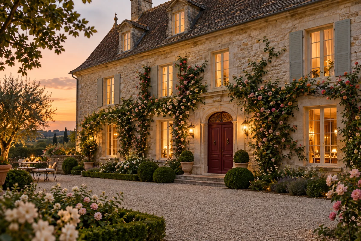 Rose-covered stone manor glowing at dusk