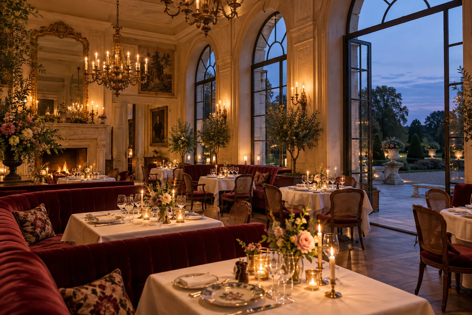 Candlelit dining room with velvet seats, white linen and garden windows