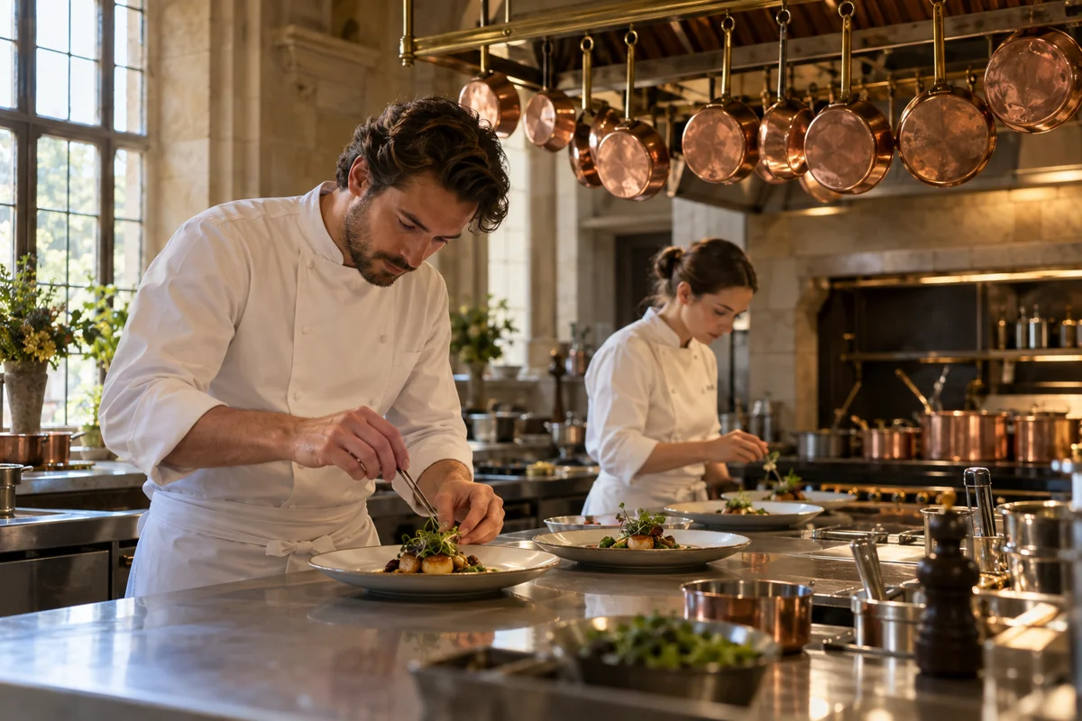 Chefs preparing plates in the professional kitchen